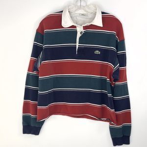 Lacoste Vintage Cropped Rugby Polo Shirt Size L Striped Long Sleeve Y2K